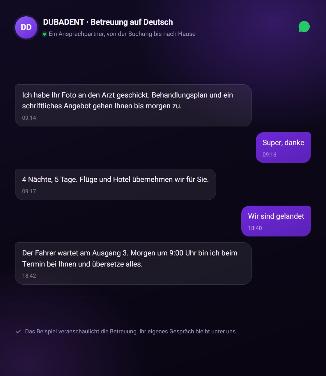 Ein Beispiel für den WhatsApp-Support: Updates zum Angebot, zur Landung und zum Termin