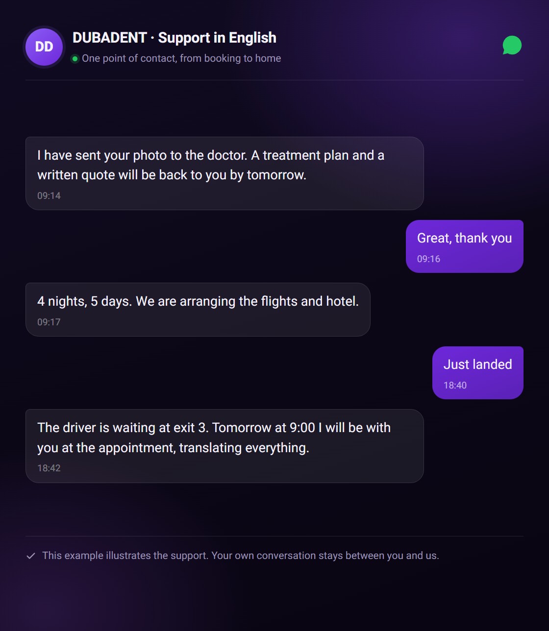 An example of the WhatsApp support: updates on the quote, the landing and the appointment